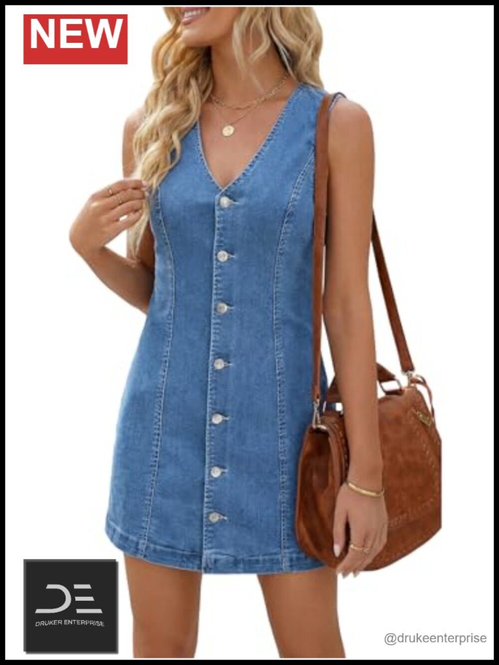 Sleeveless Denim Dress with Button Front V-Neck Stretchy Jean Dress Summer